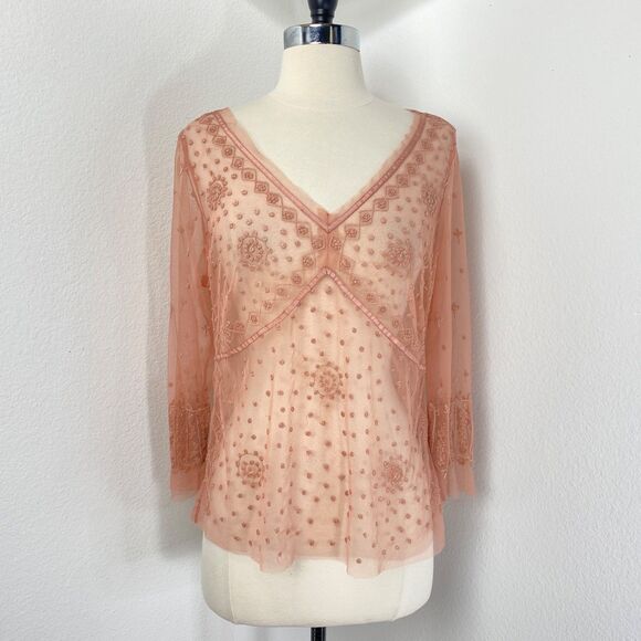 Betty Barclay Pink Sheer Blouse Large Mesh Embroidery Long Sleeves Whimsy Fairy - Picture 1 of 9